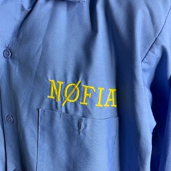 Vintage 70s Button Up Uniform Shirt M Blue El Jebel Radio Embroidered Pockets - Picture 8 of 9